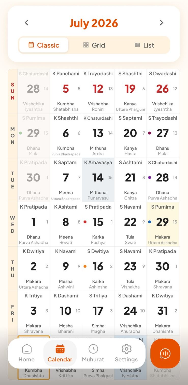 Monthly Hindu calendar with festivals and vrat days marked
