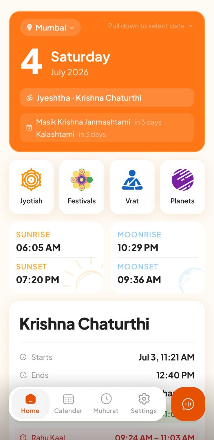 Sarva Panchang Today screen showing tithi, nakshatra and sunrise details